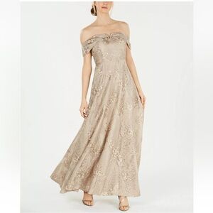 Calvin Klein embroidered off the shoulder tan gown long dress Sz 4